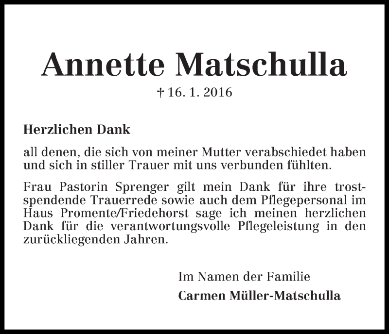 Traueranzeige von Annette Matschulla von Die Norddeutsche
