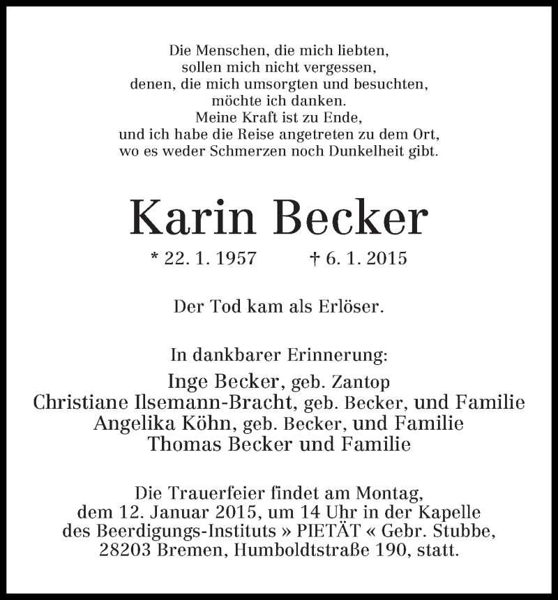 Traueranzeige von Karin Becker von WESER-KURIER