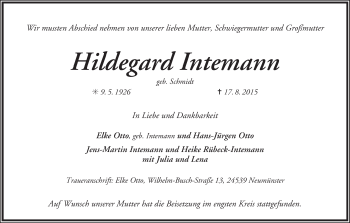 Traueranzeige von Hildegard Intemann