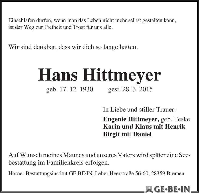 Traueranzeige von Hans Hittmeyer von WESER-KURIER