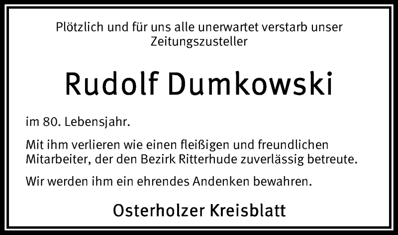  Traueranzeige für Rudolf Dumkowski vom 06.10.2015 aus Osterholzer Kreisblatt