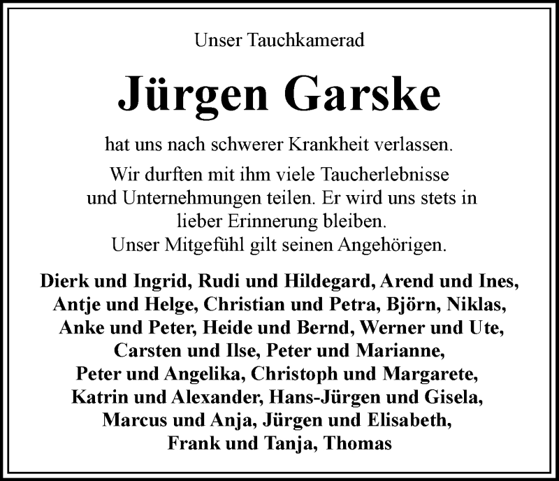 Traueranzeige von Jürgen Garske von WESER-KURIER
