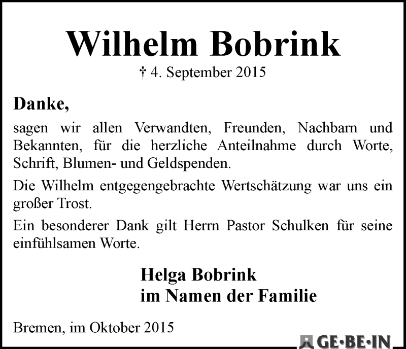 Traueranzeige von Wilhelm Bobrink von WESER-KURIER