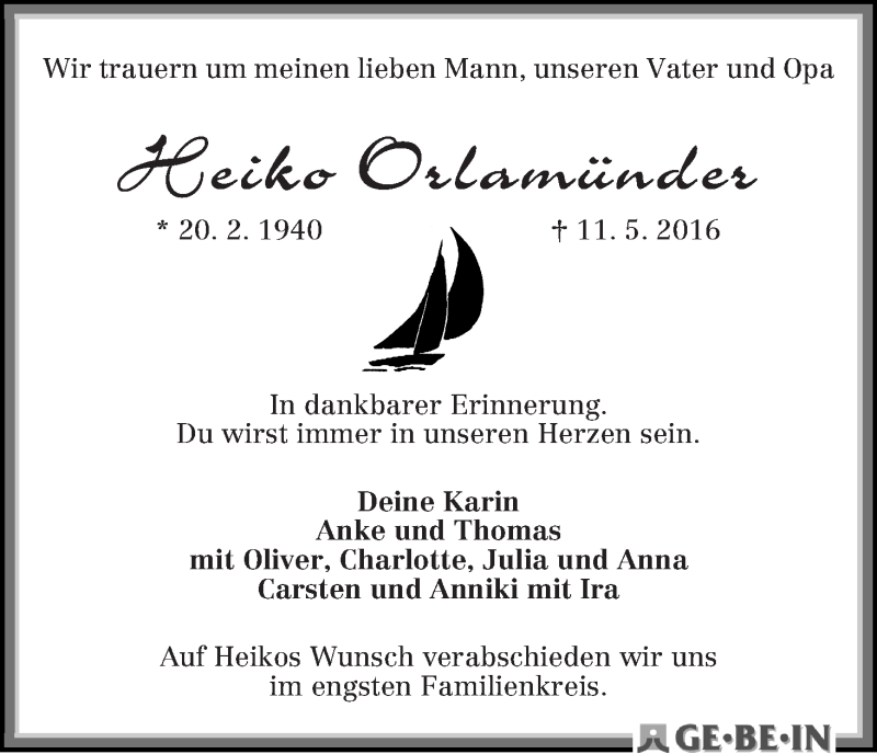 Traueranzeige von Heiko Orlamünder von WESER-KURIER