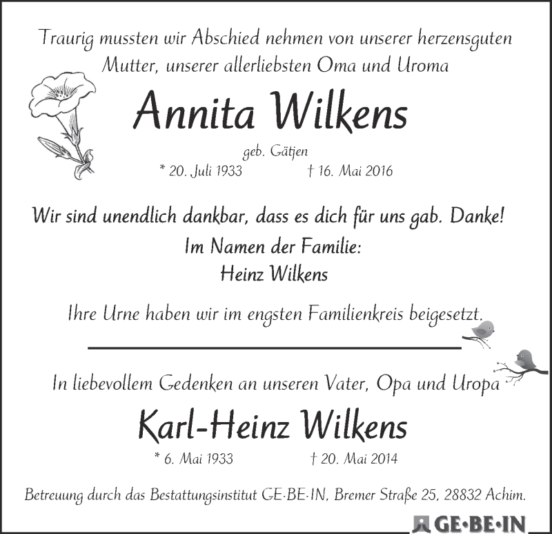 Traueranzeige von Annita Wilkens von WESER-KURIER
