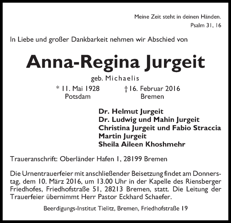 Traueranzeige von Anna-Regina Jurgeit von WESER-KURIER