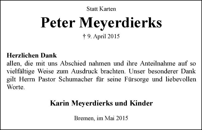 Traueranzeige von Peter Meyerdirks von WESER-KURIER
