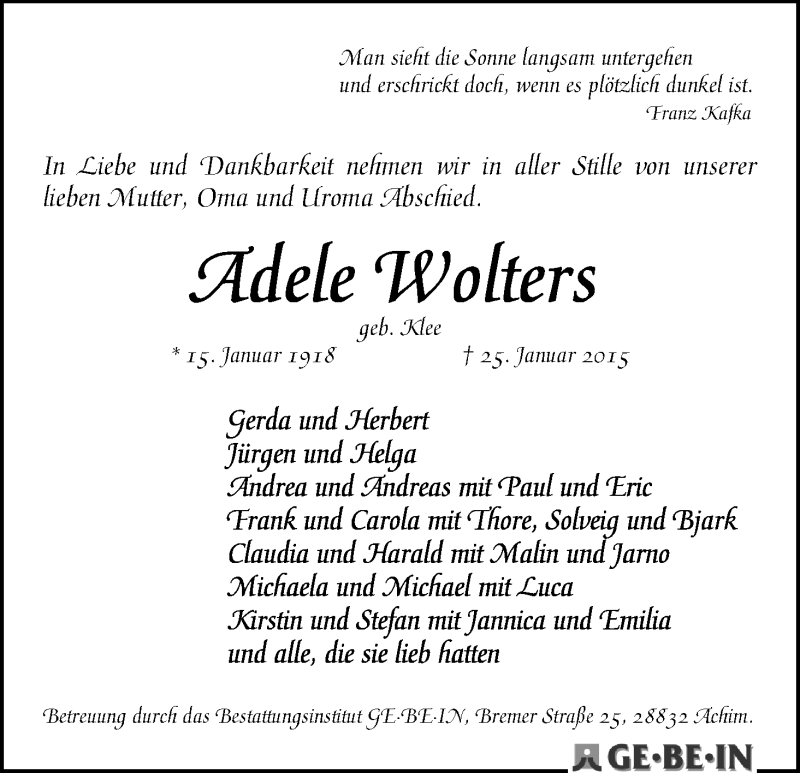 Traueranzeige von Adele Wolters von WESER-KURIER