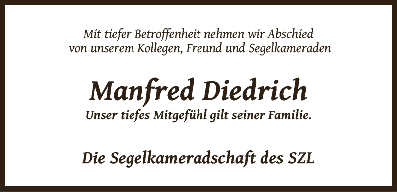 Traueranzeige von Manfred Diedrich von Die Norddeutsche