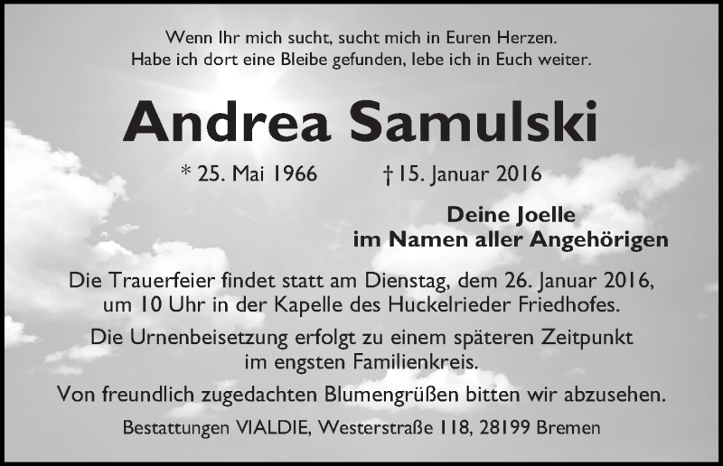  Traueranzeige für Andrea Samulski vom 23.01.2016 aus WESER-KURIER