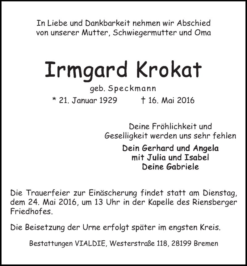 Traueranzeige von Irmgard Krokat von WESER-KURIER