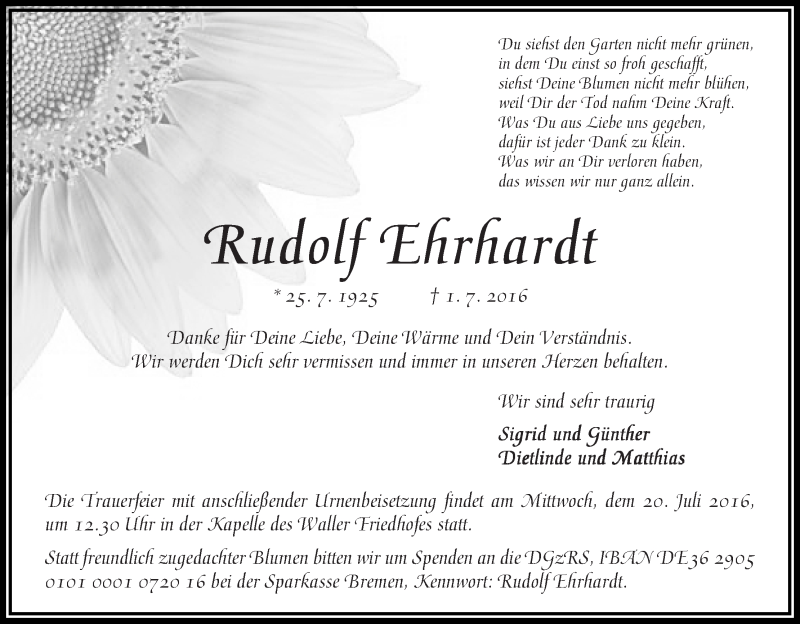 Traueranzeige von Rudolf Ehrhardt von WESER-KURIER