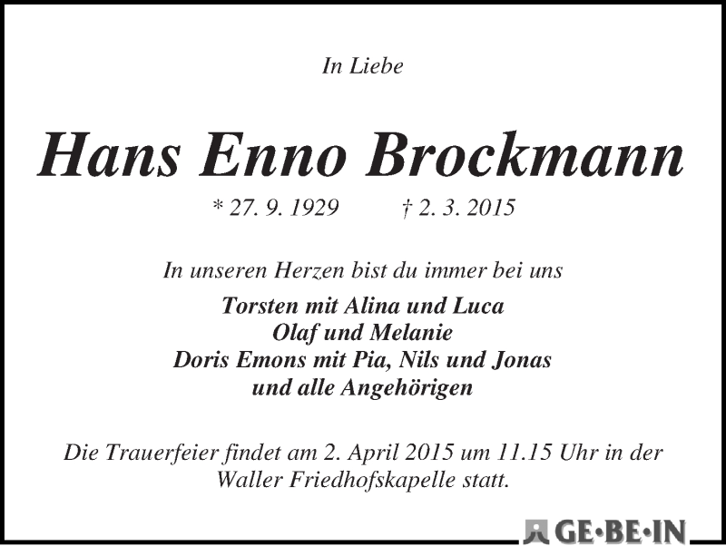 Traueranzeige von Hans Enno Brockmann von WESER-KURIER