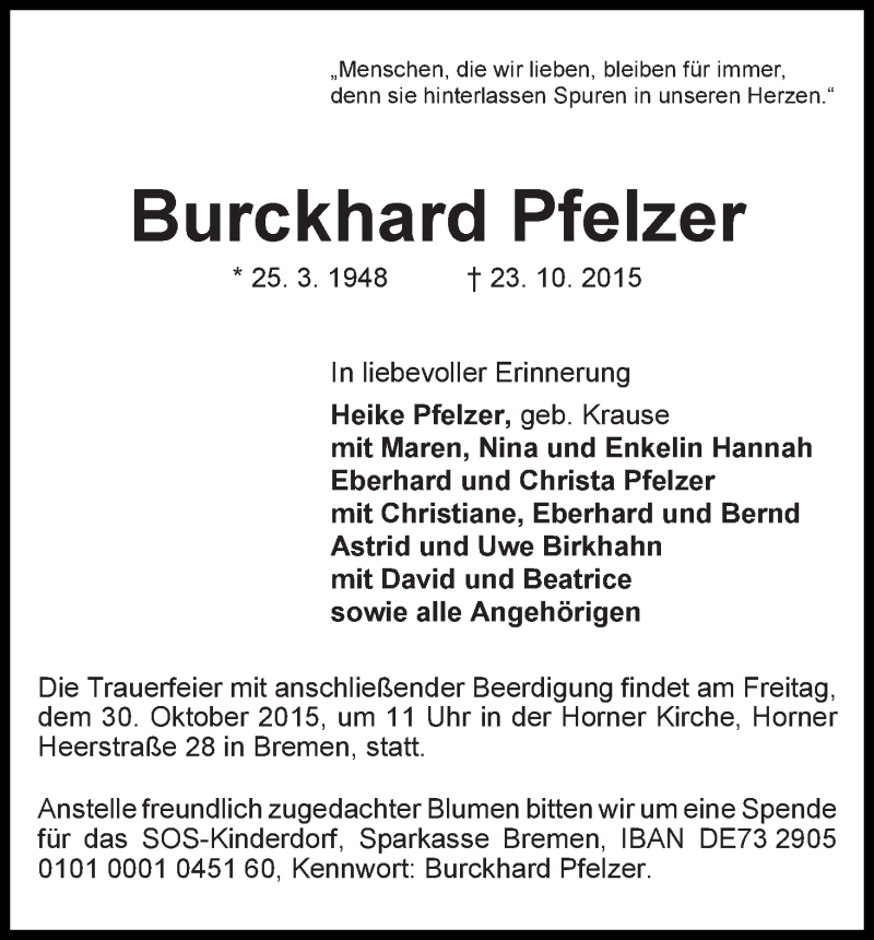 Traueranzeige von Burckhard Pfelzer von WESER-KURIER