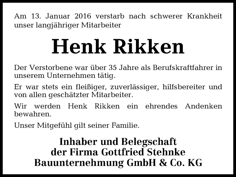  Traueranzeige für Henk Rikken vom 15.01.2016 aus Osterholzer Kreisblatt