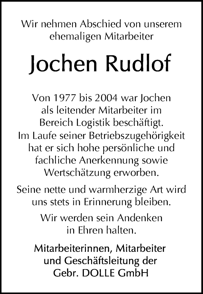Traueranzeige von Jochen Rudlof von WESER-KURIER