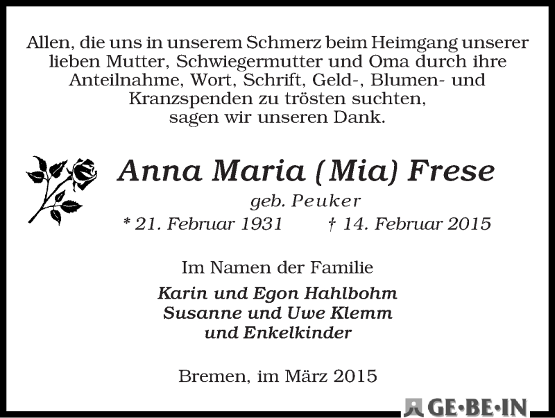 Traueranzeige von Anna Maria Mia Frese von WESER-KURIER