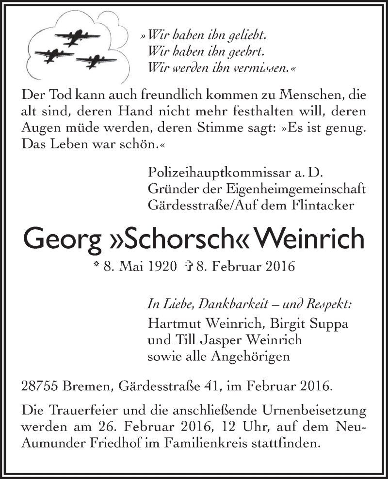 Traueranzeige von Georg »Schorsch« Weinrich von Die Norddeutsche