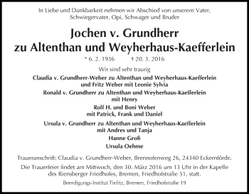 Traueranzeige von Jochen v. Grundherr zu Altenthan und Weyherhaus-Kaefferlein