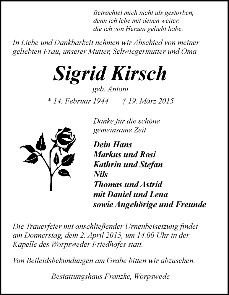 Traueranzeige von Sigrid Kirsch von Wuemme Zeitung