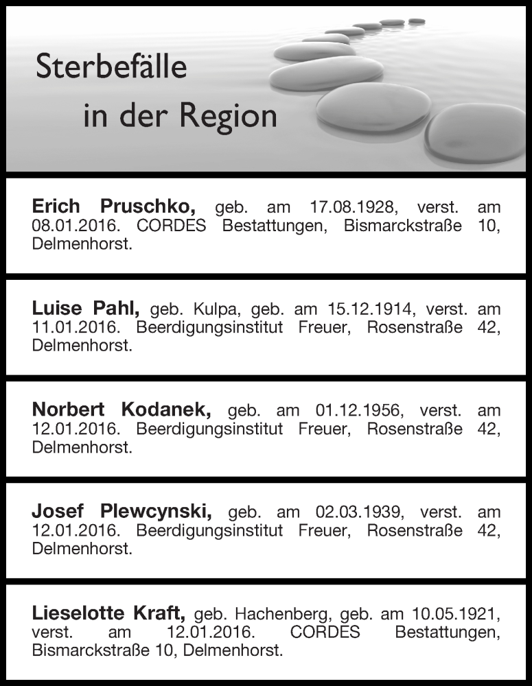  Traueranzeige für Sterbefälle  16.01.2016 Delmenhorst vom 16.01.2016 aus Delmenhorster Kurier