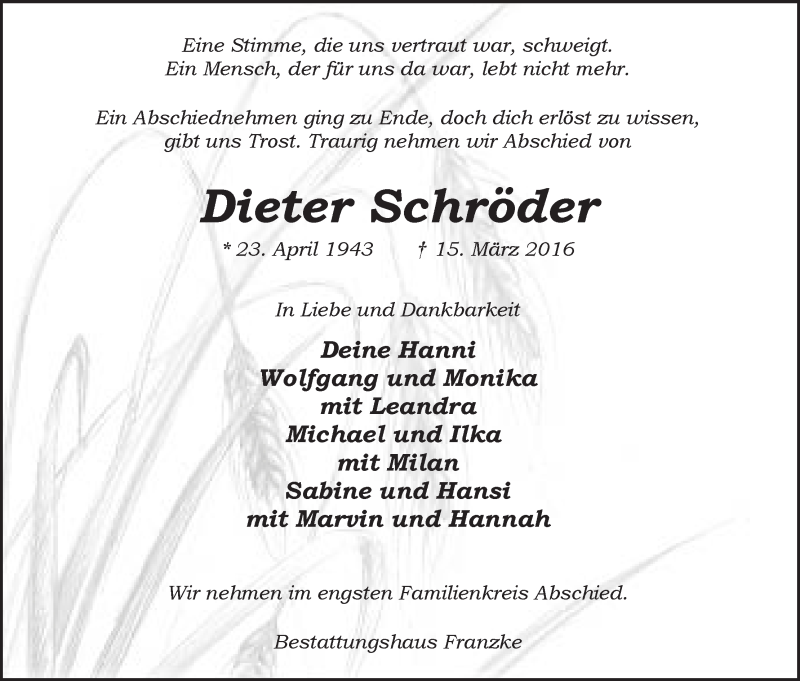 Traueranzeige von Dieter Schröder von Wuemme Zeitung