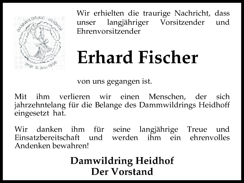 Traueranzeige von Erhard Fischer von Osterholzer Kreisblatt