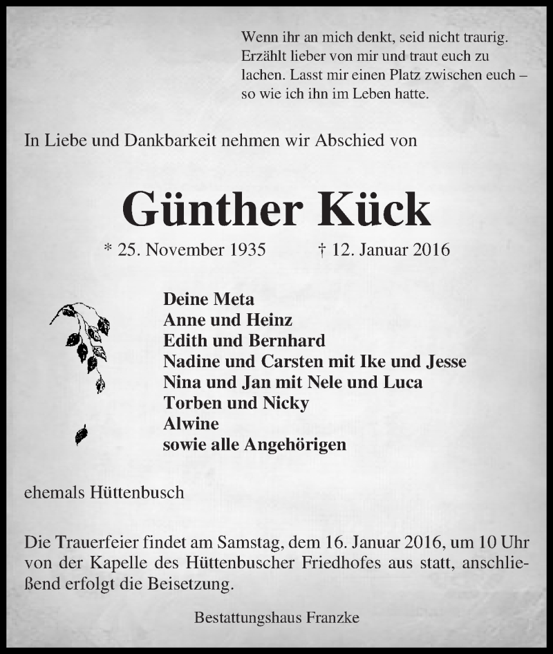 Traueranzeige von Günther Kück von Wuemme Zeitung