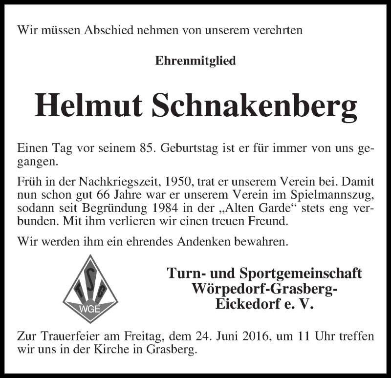 Traueranzeige von Helmut Schnakenberg von Wuemme Zeitung