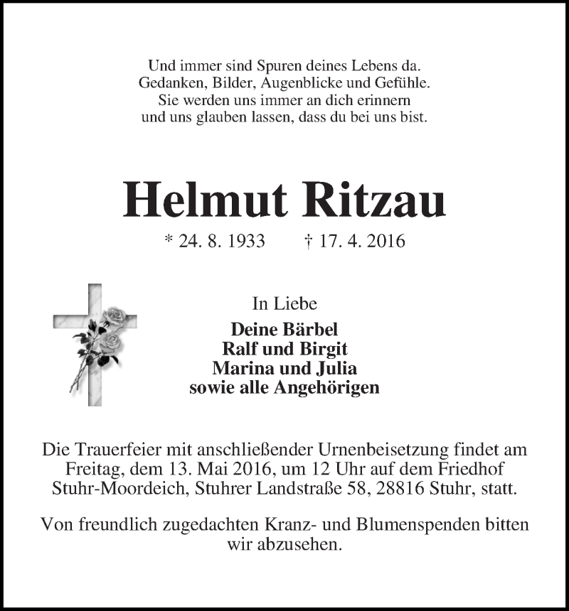 Traueranzeige von Helmut Ritzau von WESER-KURIER