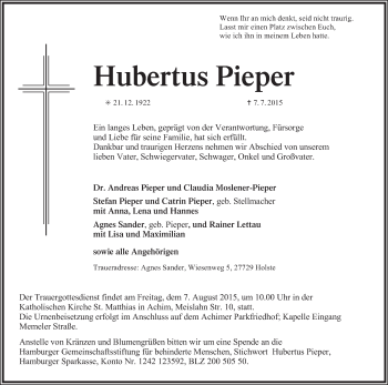 Traueranzeige von Hubertus Pieper