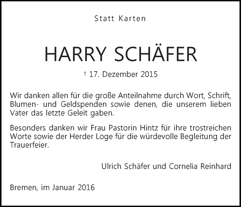 Traueranzeige von Harry Schäfer von WESER-KURIER
