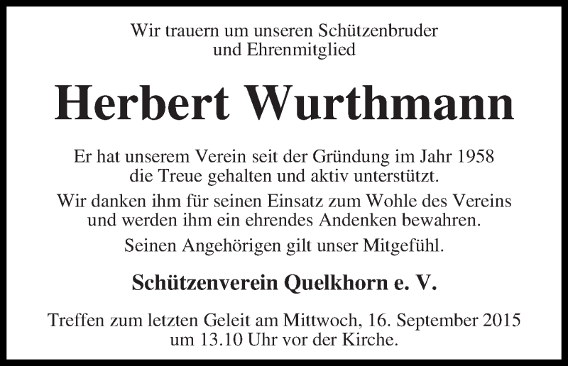 Traueranzeige von Herbert Wurthmann von Achimer Kurier/Verdener Nachrichten