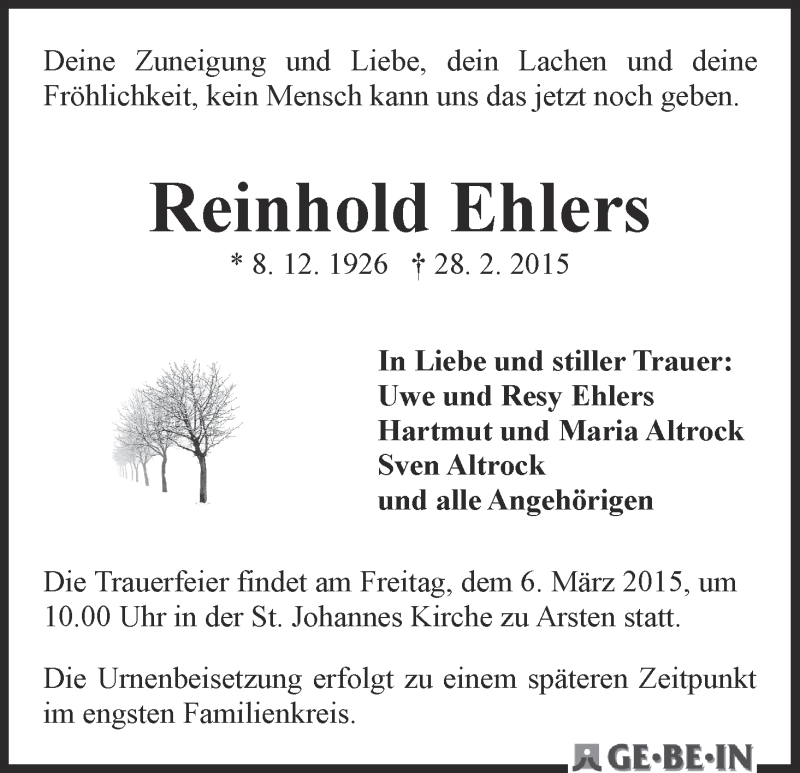 Traueranzeige von Reinhold Ehlers von Regionale Rundschau/Syker Kurier