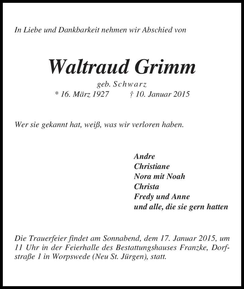 Traueranzeige von Waltraud Grimm von Wuemme Zeitung