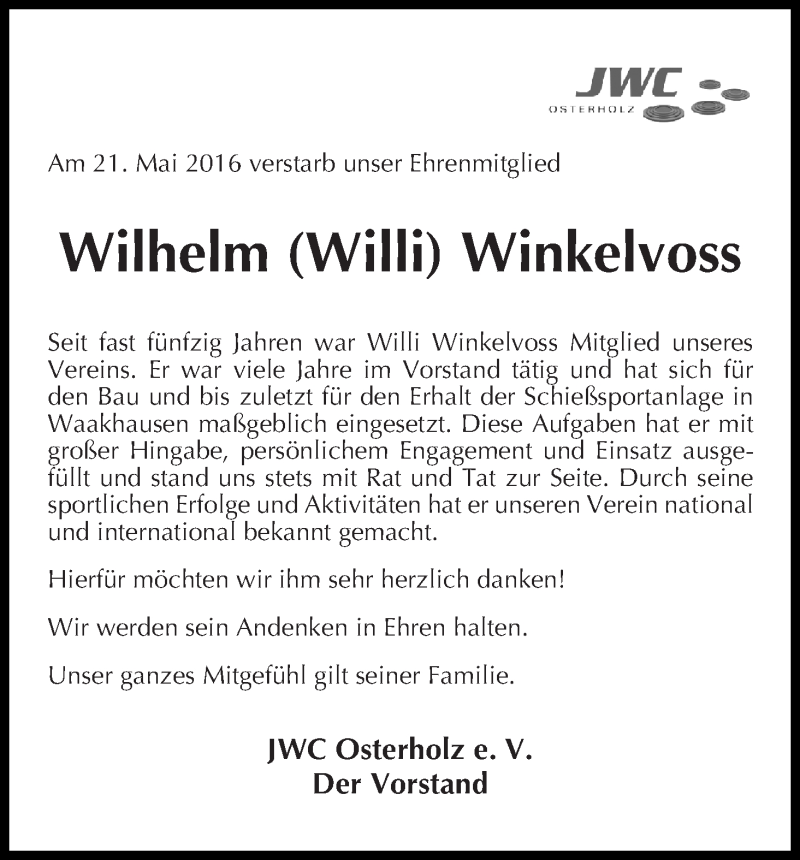 Traueranzeige von Wilhelm Winkelvoss von WESER-KURIER