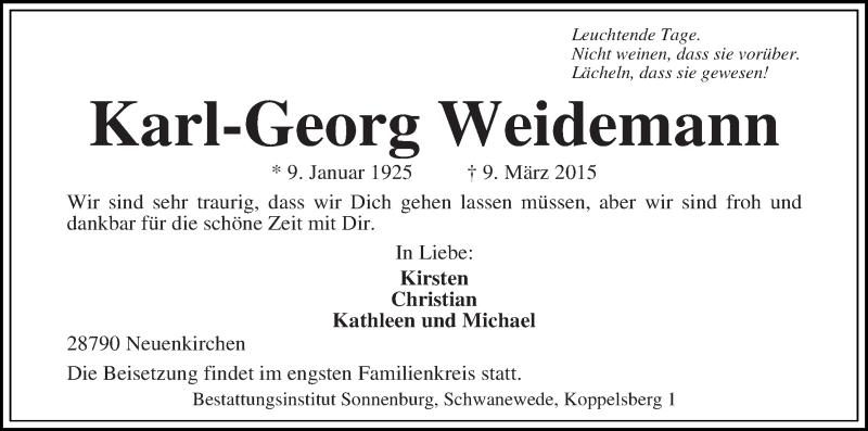 Traueranzeige von Karl-Georg Weidemann von Die Norddeutsche