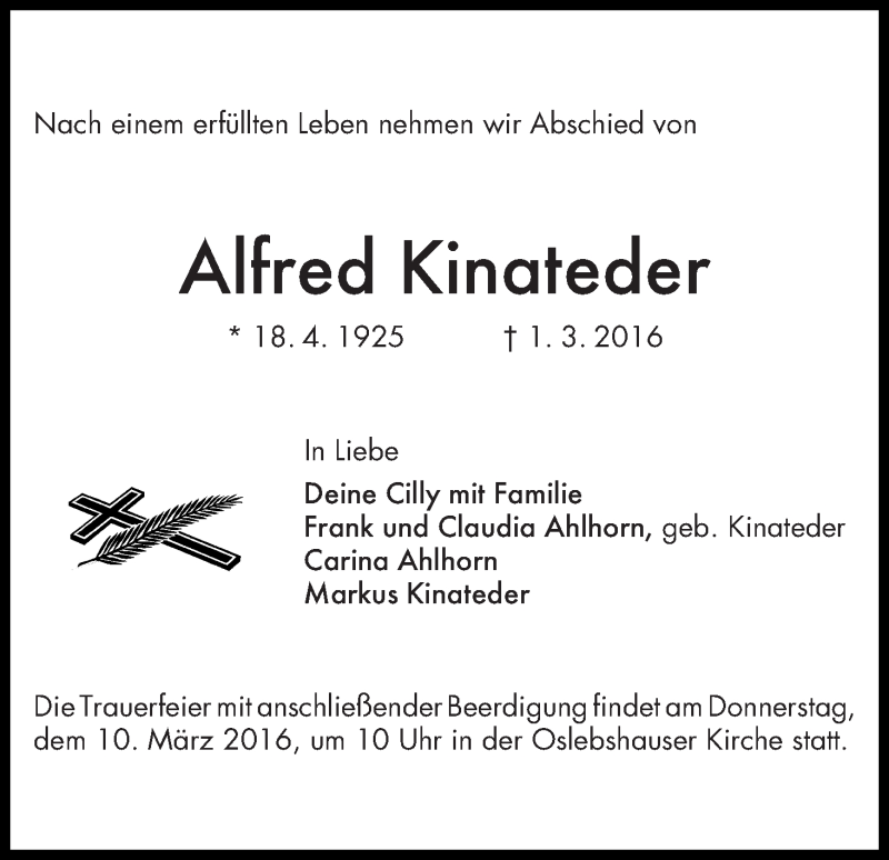 Traueranzeige von Alfred Kinateder von Die Norddeutsche
