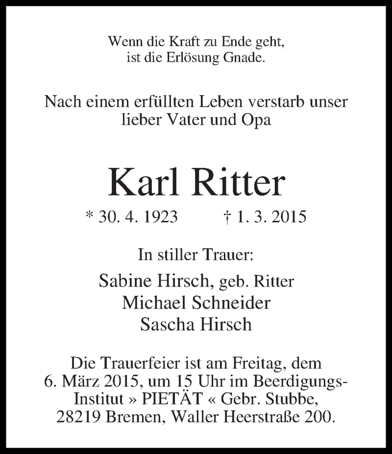 Traueranzeige von Karl Ritter von WESER-KURIER