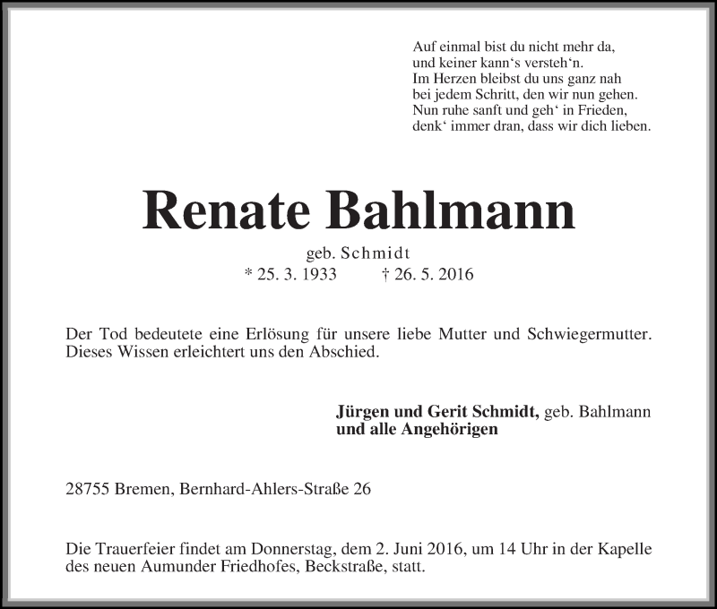  Traueranzeige für Renate Bahlmann vom 31.05.2016 aus Die Norddeutsche