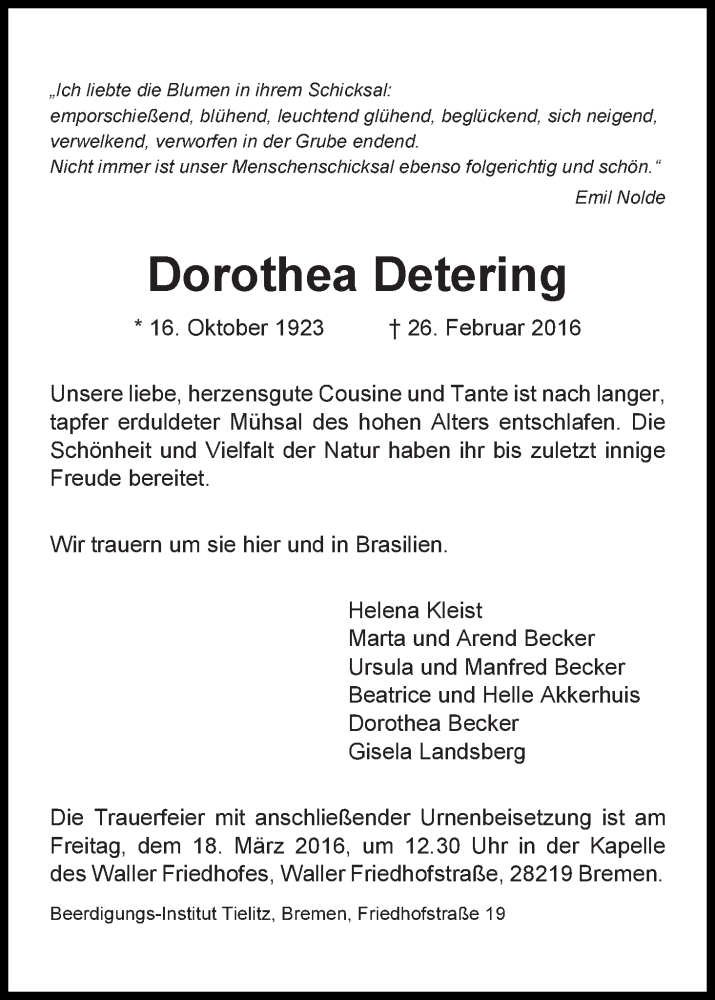 Traueranzeige von Dorothea Detering von WESER-KURIER