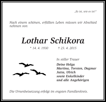 Traueranzeige von Lothar Schikora
