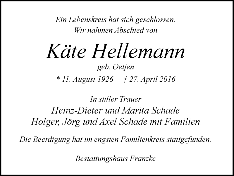 Traueranzeige von Käte Hellemann von Wuemme Zeitung