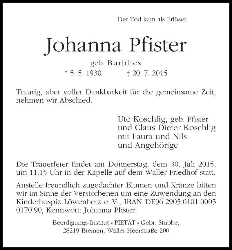 Traueranzeige von Johanna Pfister von WESER-KURIER