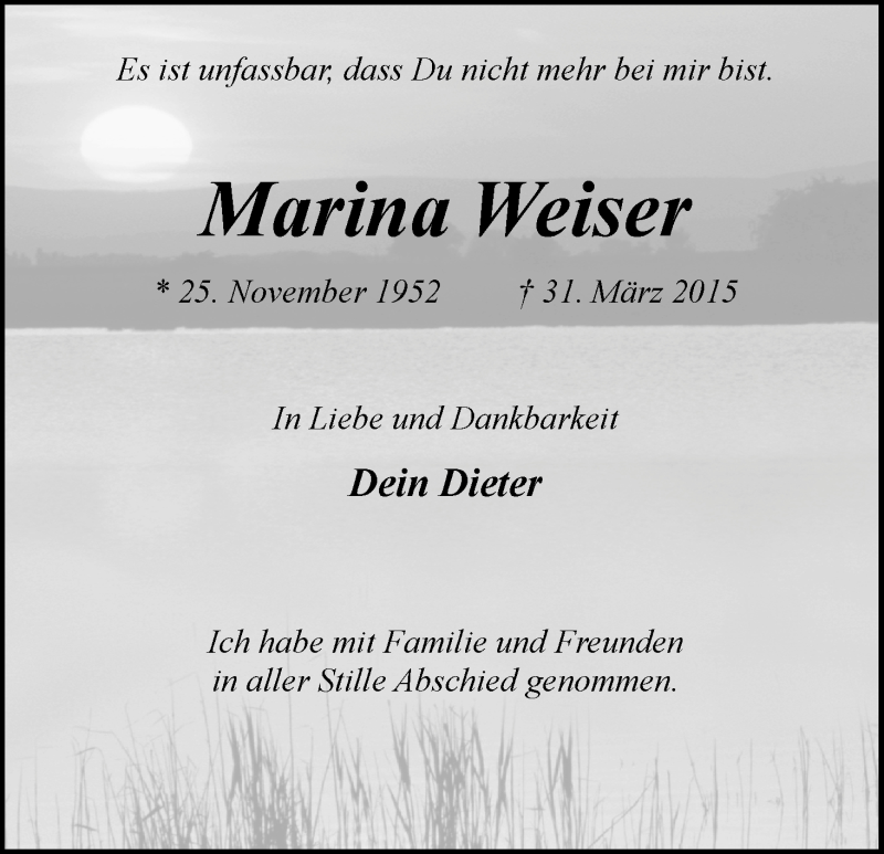 Traueranzeige von Marina Weiser von Wuemme Zeitung