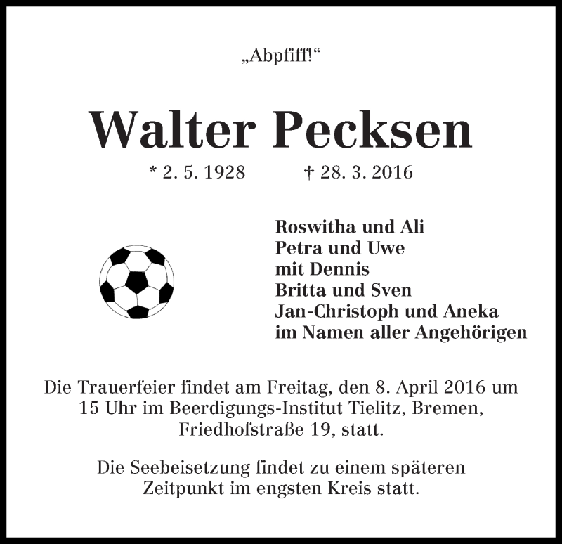 Traueranzeige von Walter Pecksen von WESER-KURIER