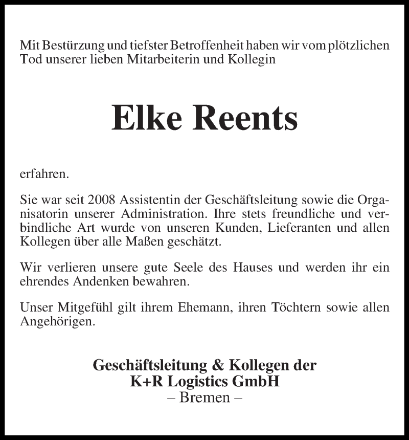  Traueranzeige für Elke Reents vom 15.12.2015 aus WESER-KURIER