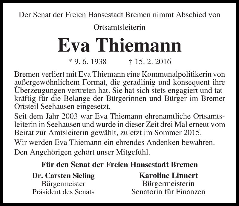  Traueranzeige für Eva Thiemann vom 18.02.2016 aus WESER-KURIER