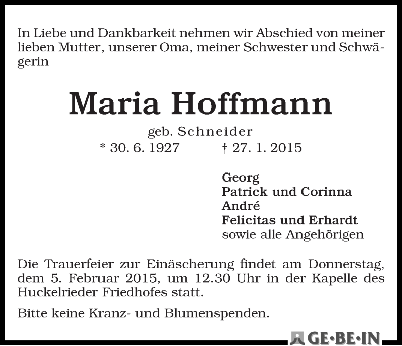 Traueranzeige von Maria Hoffmann von WESER-KURIER