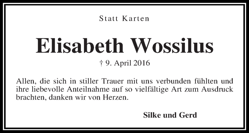 Traueranzeige von Elisabeth Wossilus von Die Norddeutsche
